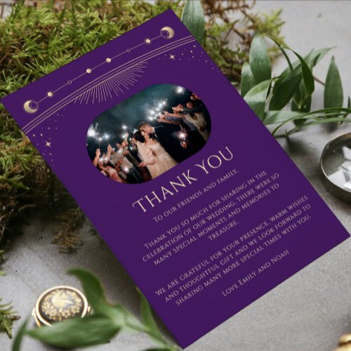 Mystical Purple Gold Sun Moon Stars Photo Wedding Thank You Card