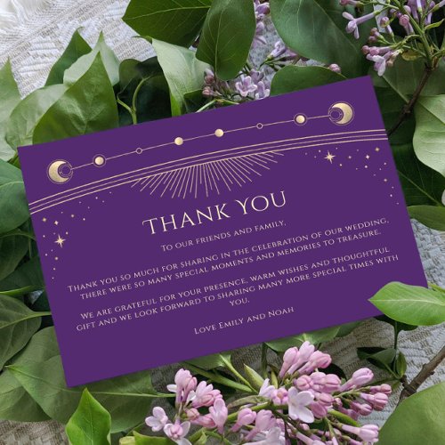 Mystical Purple Gold Sun Moon Stars Photo Wedding Thank You Card