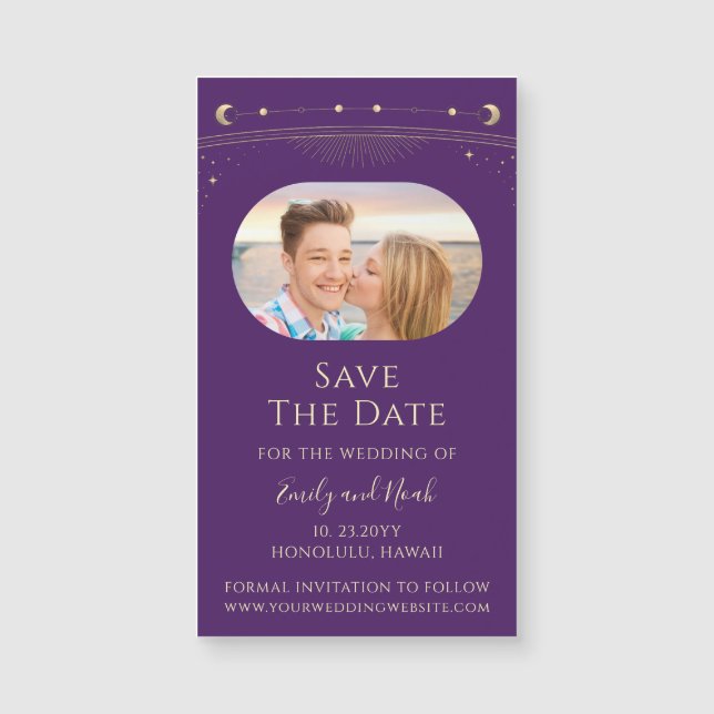 Mystical Purple Gold Sun Moon Stars Save The Date (Front)