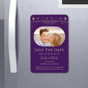 Mystical Purple Gold Sun Moon Stars Save The Date Magnet