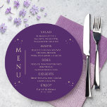 Mystical Purple Gold Sun Moon Stars Space Wedding Menu<br><div class="desc">Mystical Purple Gold Sun Moon Stars Space Wedding Menu Cards features simple gold stars on a purple background with your menu details in the center in modern gold calligraphy script. Personalize by editing the text in the text boxes provided. Designed for you by Evco Studio © at www.zazzle.com/store/evcostudio</div>