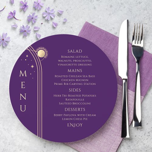 Mystical Purple Gold Sun Moon Stars Space Wedding Menu