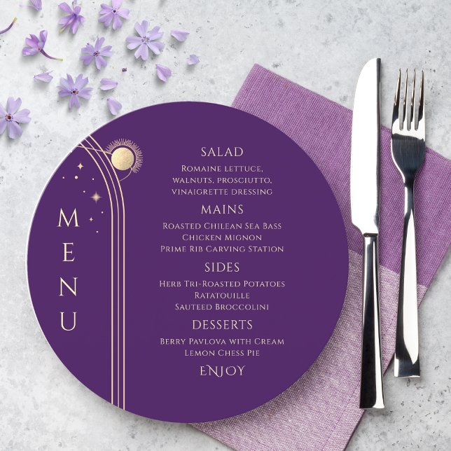 Mystical Purple Gold Sun Moon Stars Space Wedding Menu (Creator Uploaded)