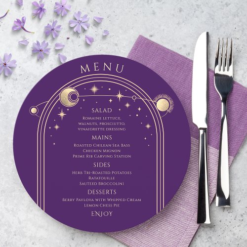 Mystical Purple Gold Sun Moon Stars Space Wedding Menu