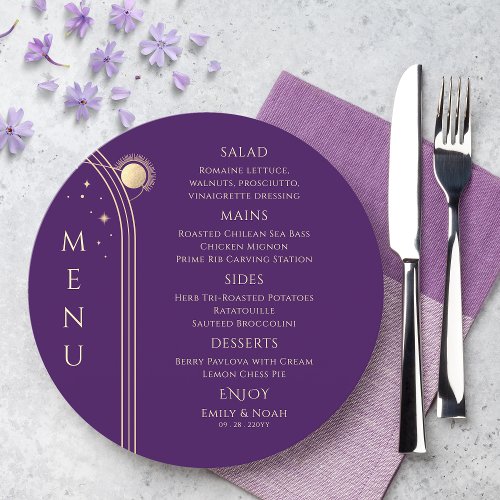 Mystical Purple Gold Sun Moon Stars Space Wedding Menu