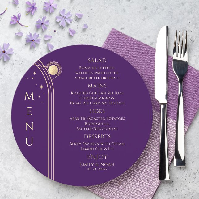 Mystical Purple Gold Sun Moon Stars Space Wedding Menu (Creator Uploaded)
