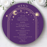 Mystical Purple Gold Sun Moon Stars Space Wedding Menu<br><div class="desc">Mystical Purple Gold Sun Moon Stars Space Wedding Menu Cards features a gold sun, moon and stars frame on a purple background with your menu details in the center in modern gold calligraphy script. Personalize by editing the text in the text boxes provided. Designed for you by Evco Studio ©...</div>