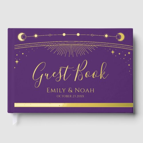 Mystical Purple Gold Sun Moon Stars Wedding Foil Guest Book