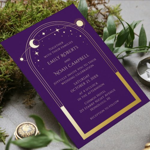 Mystical Purple Gold Sun Moon Stars Wedding Foil Invitation