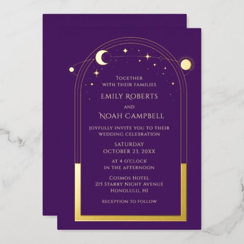 Mystical Purple Gold Sun Moon Stars Wedding Foil Invitation