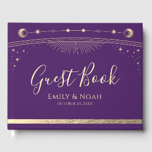Mystical Purple Gold Sun Moon Stars Wedding Guest Book