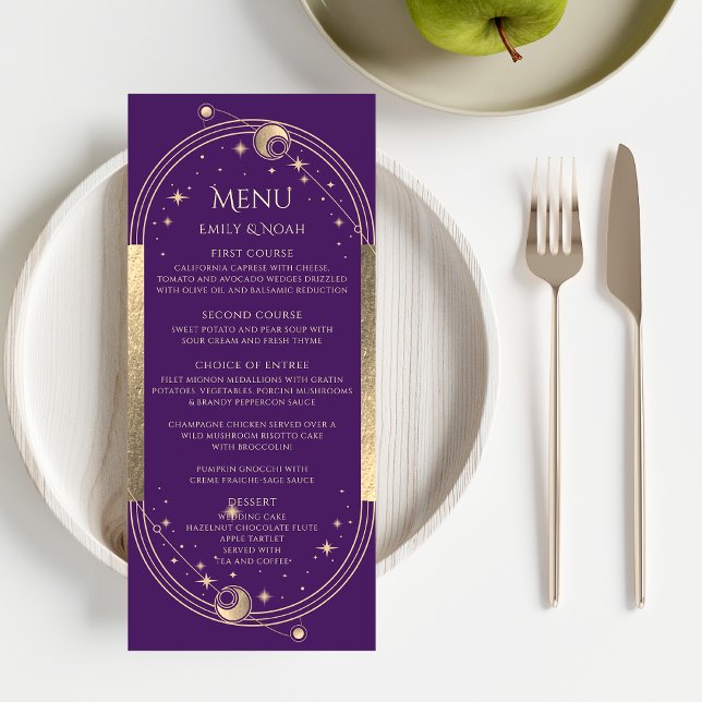 Mystical Purple Gold Sun Moon Stars Wedding Menu (Creator Uploaded)