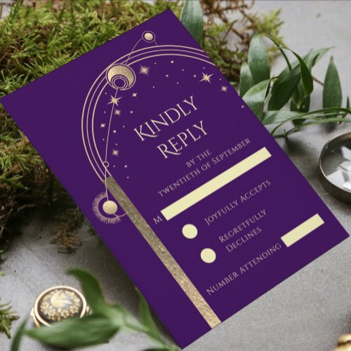 Mystical Purple Gold Sun Moon Stars Wedding RSVP Card