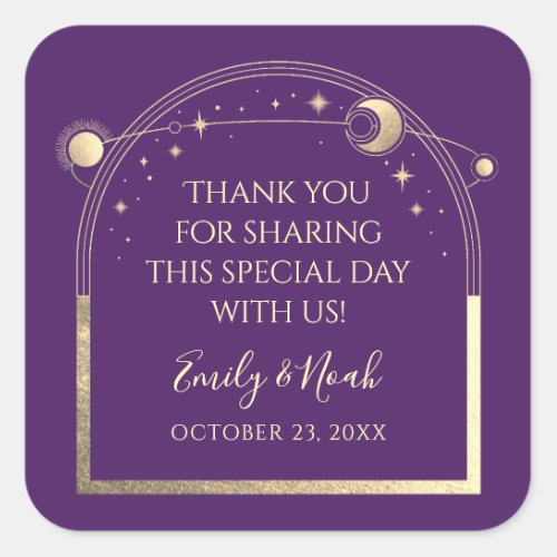 Mystical Purple Gold Sun Moon Stars Wedding Square Sticker