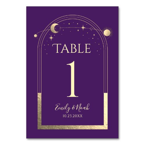 Mystical Purple Gold Sun Moon Stars Wedding Table Number