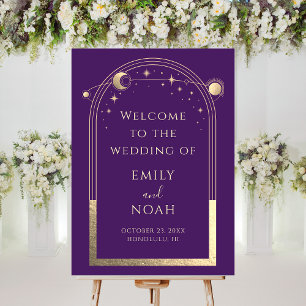 Mystical Purple Gold Sun Moon Stars Welcome Sign