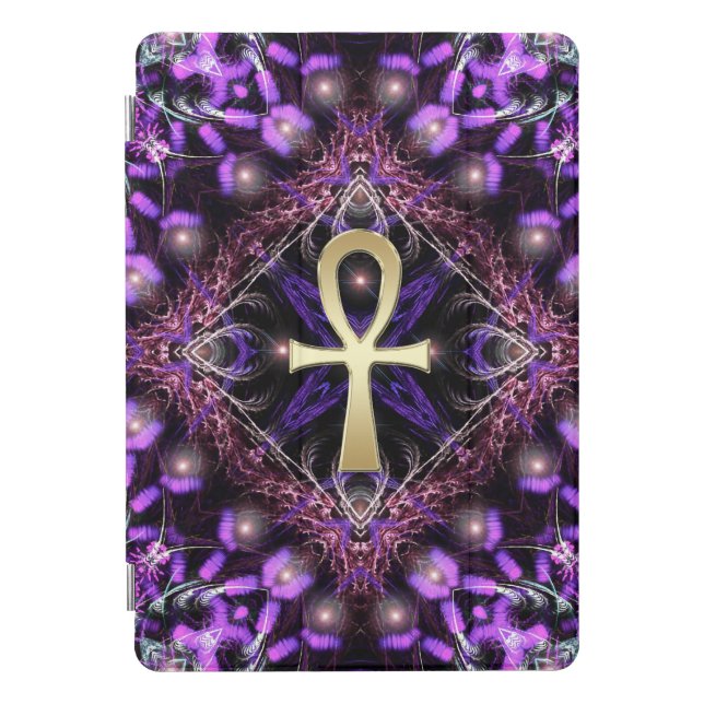 Mystical Purple Golden Ankh Fractal Art Tapestry iPad Pro Cover (Front)