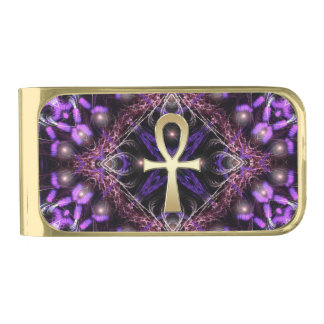Mystical Purple Golden Ankh Fractal Tapestry Gold Finish Money Clip