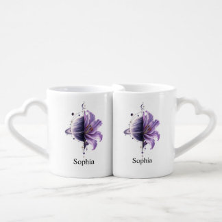 Mystical Purple Lily Celestial Planet Cosmic Tatto Coffee Mug Set