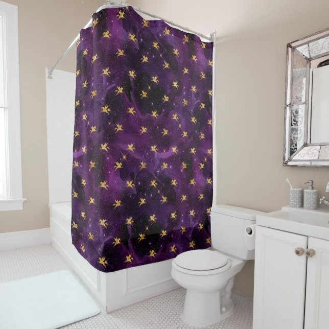 mystical purple night gold pegasus shower curtain (In Situ)