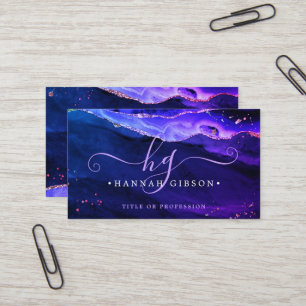 Mystical Purple Pink Blue Agate Script Monogram Business Card