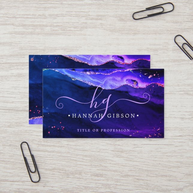  Mystical Purple Pink Blue Agate Script Monogram Business Card (Front/Back In Situ)
