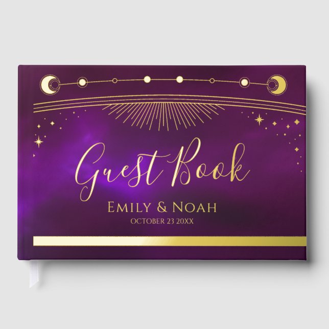 Mystical Purple Teal Gold Sun Moon Stars Wedding Foil Guest Book (Front)