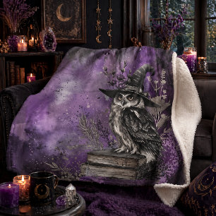 Mystical Purple Witchy Owl Art Sherpa Blanket