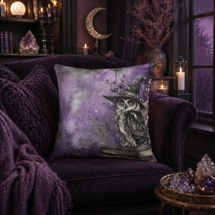 Mystical Purple Witchy Owl Art Throw Pillow