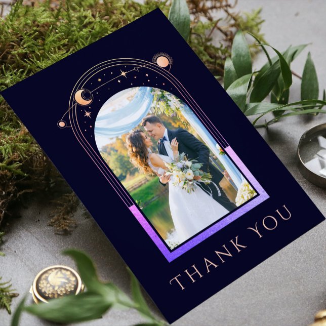 Mystical Rainbow Blue Sun Moon Star Photo Wedding Thank You Card (Creator Uploaded)