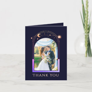 Mystical Rainbow Blue Sun Moon Stars Photo Wedding Letterpress Thank You Card