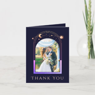 Mystical Rainbow Blue Sun Moon Stars Photo Wedding Letterpress Thank You Card