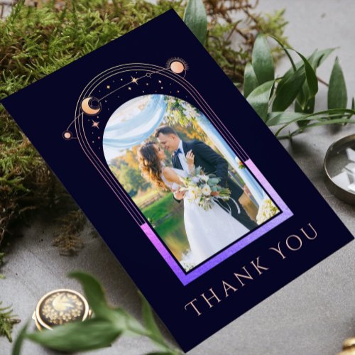 Mystical Rainbow Blue Sun Moon Stars Photo Wedding Thank You Card