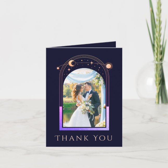 Mystical Rainbow Blue Sun Moon Stars Photo Wedding Thank You Card (Front)