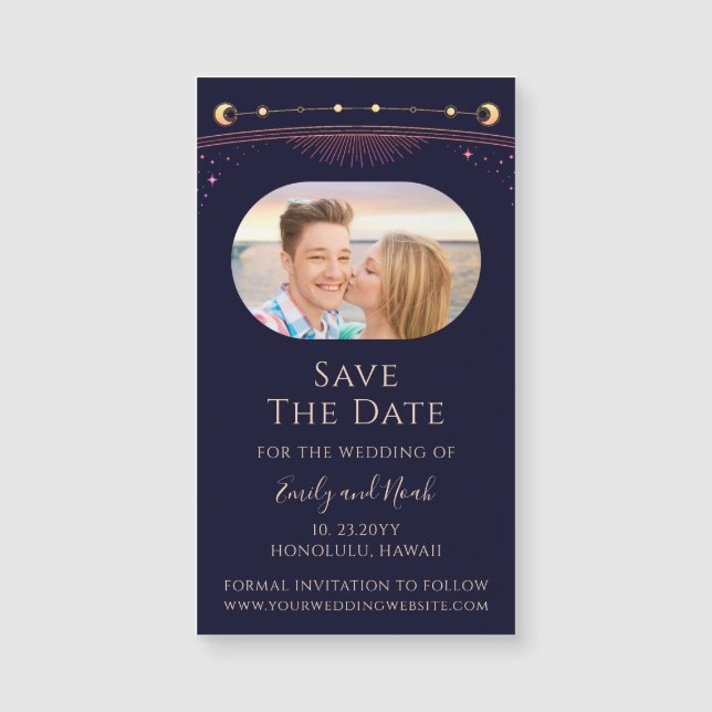 Mystical Rainbow Blue Sun Moon Stars Save The Date (Front)