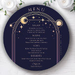 Mystical Rainbow Blue Sun Moon Stars Space Wedding Menu<br><div class="desc">Mystical Rainbow Dark Navy Blue Sun Moon Stars Space Cosmic Astronomy Celestial Wedding Menu Cards features a golden sun, moon and stars frame on a dark navy blue background with your menu details in the center in modern peach calligraphy script. Personalize by editing the text in the text boxes provided....</div>
