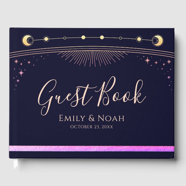 Mystical Rainbow Blue Sun Moon Stars Wedding  Guest Book (Front)