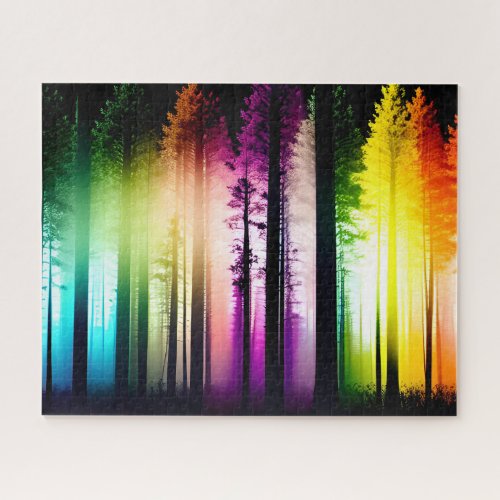Mystical Rainbow Colored Silhouette Black Trees Jigsaw Puzzle