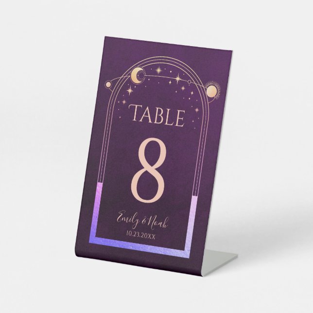 Mystical Rainbow Deep Plum Sun Moon Stars Wedding Pedestal Sign (Front)