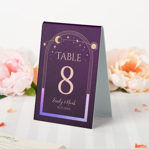 Mystical Rainbow Deep Plum Sun Moon Stars Wedding Table Tent Sign