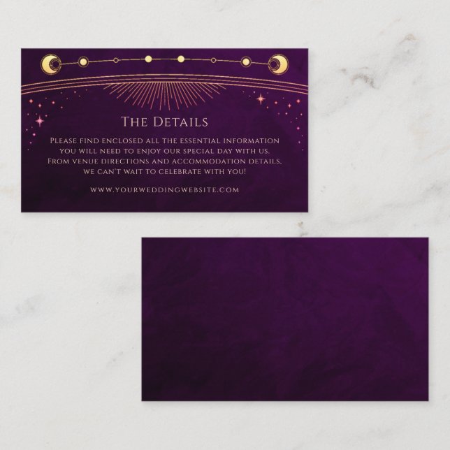 Mystical Rainbow Deep Plum Sun Wedding Details Enclosure Card (Front/Back)