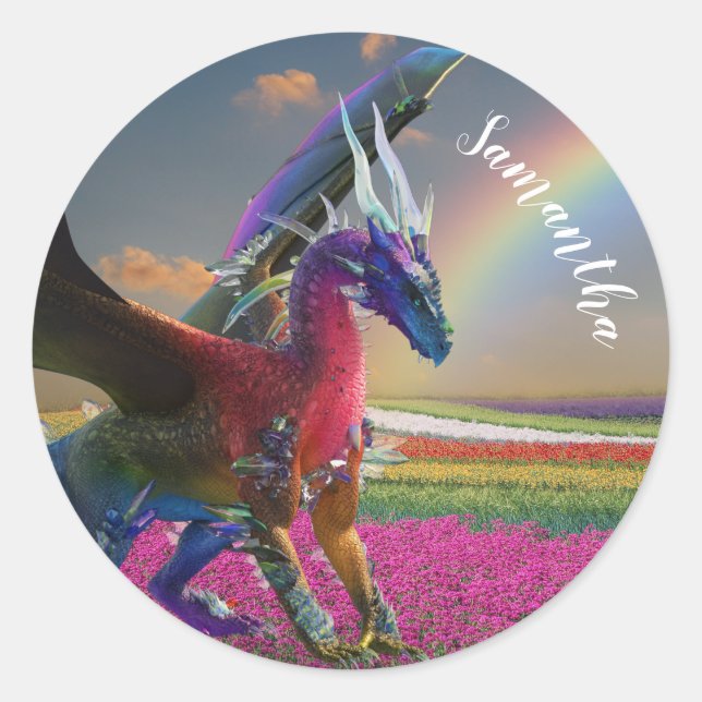 Mystical Rainbow Dragon Crystal  personalized Classic Round Sticker (Front)