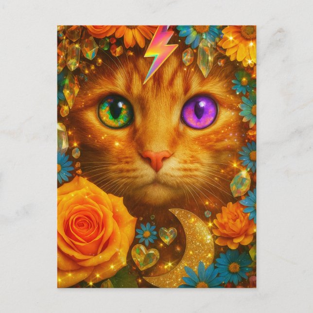Mystical Rainbow Eyed Cat Floral Dream Postcard (Front)