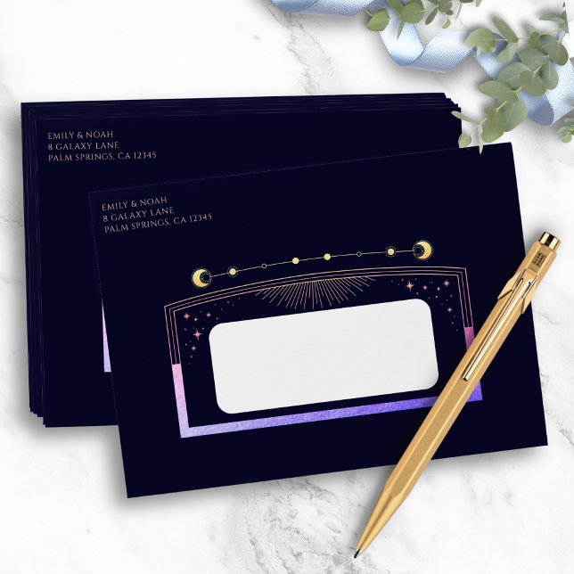 Mystical Rainbow Navy Blue Sun Moon Stars Wedding Envelope (Creator Uploaded)