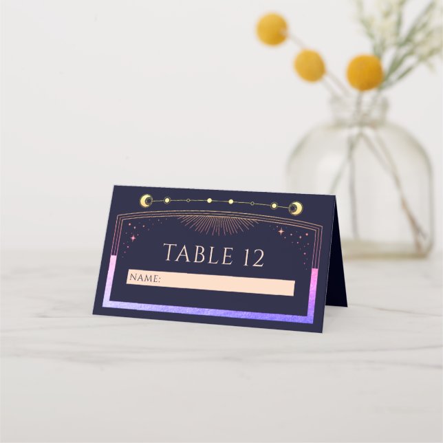 Mystical Rainbow Navy Blue Sun Moon Stars Wedding Place Card (Front)
