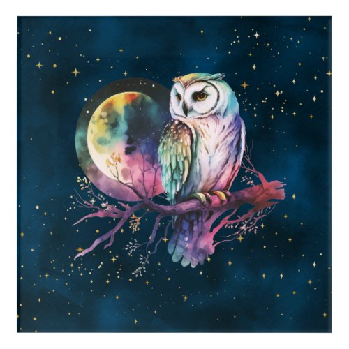 Mystical Rainbow Owl and Full Moon Celestial Acrylic Print