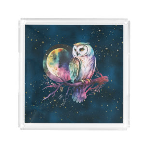 Mystical Rainbow Owl and Full Moon Celestial Acrylic Tray