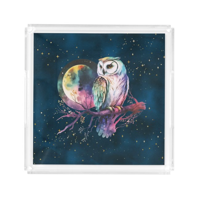 Mystical Rainbow Owl and Full Moon Celestial Acrylic Tray (Front)