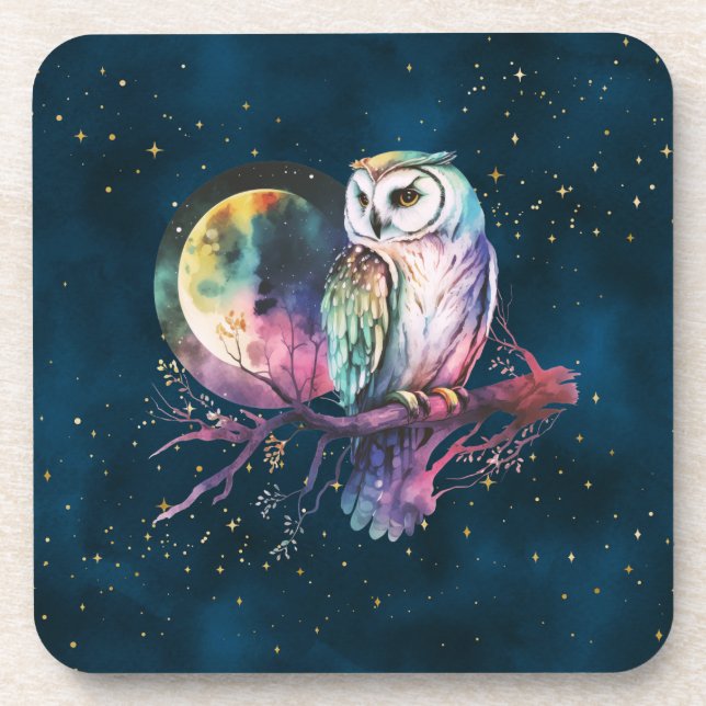 Mystical Rainbow Owl and Full Moon Celestial Beverage Coaster (Front)