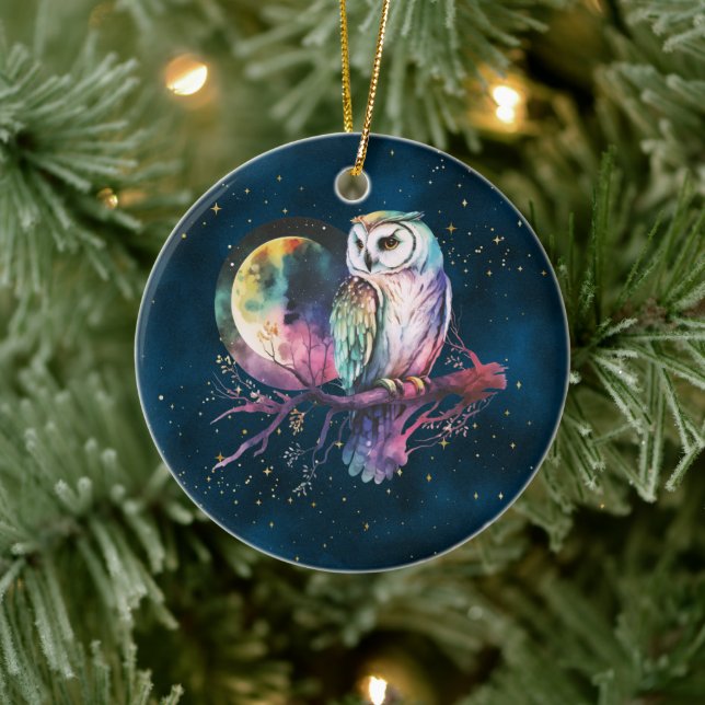 Mystical Rainbow Owl and Full Moon Celestial Ceramic Ornament (Tree)